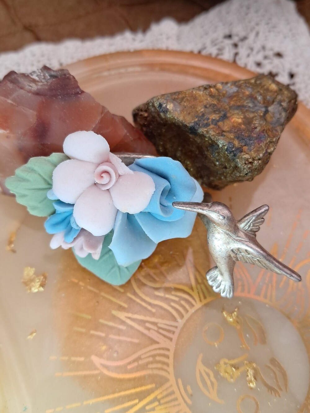 Vintage AJC Hummingbird & Porcelain Style Flower Brooch (Goldtone)